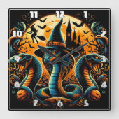 不気味な月明かりの下に渦巻くハロウィーンのヘビ スクエア壁時計 (正面)