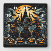 不気味な月明かりの中のハロウィーンのかかしトリオ スクエア壁時計 (正面)