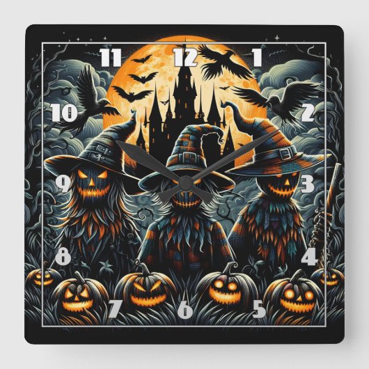 不気味な月明かりの中のハロウィーンのかかしトリオ スクエア壁時計 (正面)