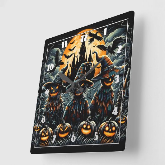 不気味な月明かりの中のハロウィーンのかかしトリオ スクエア壁時計 (傾斜)