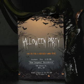 不気味な木とコウモリのハロウィンパーティー 招待状