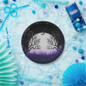 不気味な木の紫と黒満月コウモリ ハロウィン ペーパープレート (パーティー)