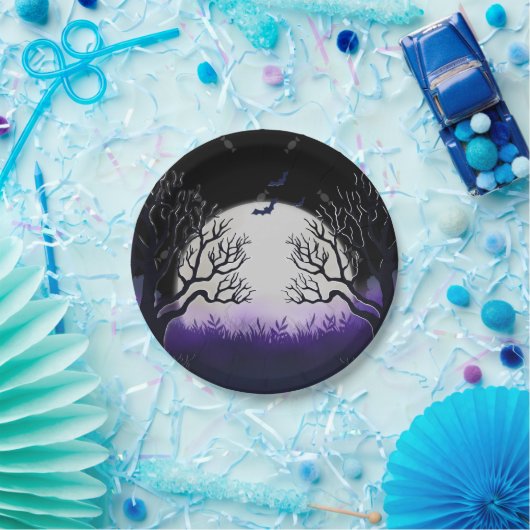 不気味な木の紫と黒満月コウモリ ハロウィン ペーパープレート (パーティー)