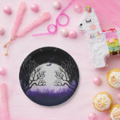 不気味な木の紫と黒満月コウモリ ハロウィン ペーパープレート (パーティー)