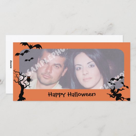 不気味な木、こうもりおよび魔法使いのハロウィンの写真カード シーズンカード (正面/裏面)