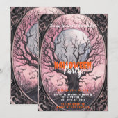 不気味な木 満月 ピンクの空 ハロウィンパーティー 招待状 (正面/裏面)