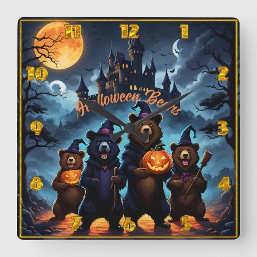 不気味な森に集まるハロウィーンベア スクエア壁時計 (正面)