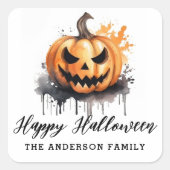 不気味な水彩画のジャック・オ・ランタン ハッピー ハロウィン スクエアシール (正面)