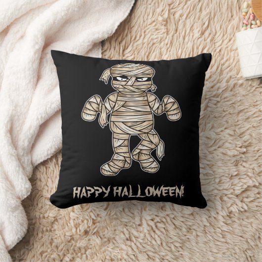 不気味な漫画ミイラ&ハッピーハローウィン文字 クッション (ブランケット)