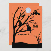 不気味な猫・コウモリ・フクロウ・カラス・夜・月のかわいいハロウィンカード シーズンカード (正面/裏面)