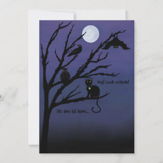 不気味な猫・コウモリ・フクロウ・カラス・夜・月 ハロウィンカード シーズンカード
