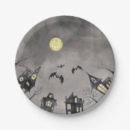 不気味な町 水彩 ハロウィン 紙皿