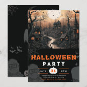 不気味な町　満月　黒い鳥　ハロウィン 招待状 (正面/裏面)