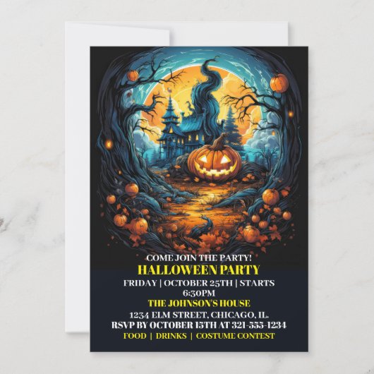 不気味な白熱［赤熱］光を放つかぼちゃのハローウィンパーティ招待状 招待状 (正面)