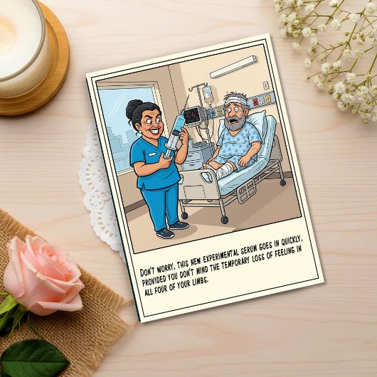 不気味な看護師が注射を準備する お見舞いメッセージ ポストカード