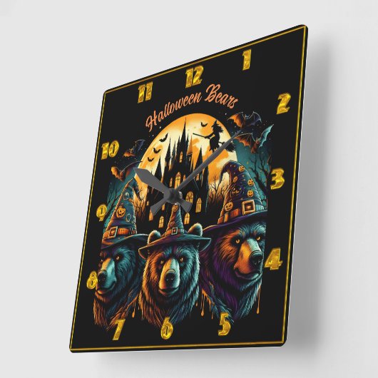 不気味な空の下に祝クマのハロウィーン スクエア壁時計 (傾斜)