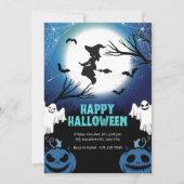 不気味な空飛ぶ魔女と幽霊の満月ハロウィン 招待状 (正面)