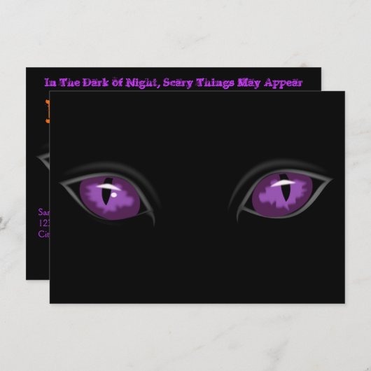 不気味な紫の目を暗い夜のハローウィンパーティ 招待状 (正面/裏面)