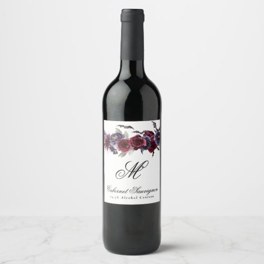 不気味な美しさ |ゴシックフローラこうもりモノグラム ワインラベル (正面)