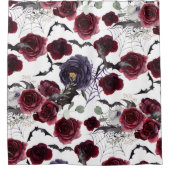 不気味な美しさ |暗色ゴシックバラとこうもり シャワーカーテン (正面)