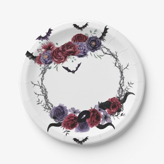 不気味な美しさ |暗色ゴシックバラとこうもり ペーパープレート (正面)