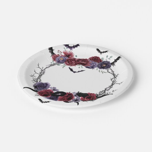 不気味な美しさ |暗色ゴシックバラとこうもり ペーパープレート (アングル)