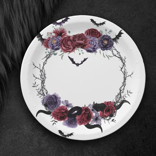 不気味な美しさ |暗色ゴシックバラとこうもり ペーパープレート