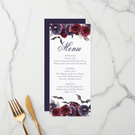 不気味な美しさ |暗色ゴシックバラとこうもり メニュー (正面/裏面インサイチュ)