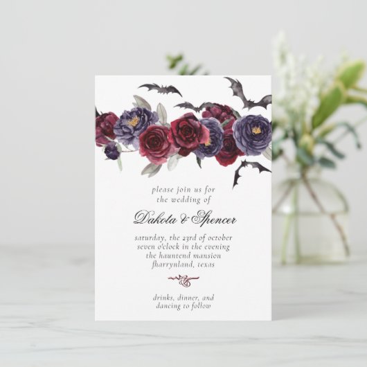 不気味な美しさ |濃い赤と紫のフローラこうもり 招待状 (スタンド正面)