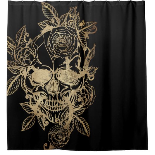 不気味な美しさ |金ゴールドグランジスカルとバラ シャワーカーテン (正面)