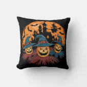 不気味な背景のハロウィーンのかかしトリオ クッション (正面)