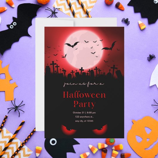 不気味な赤い月が輝く墓地 ハロウィンパーティー 招待状