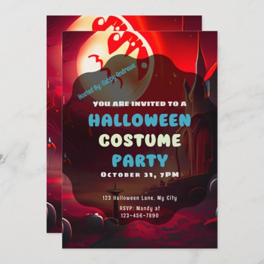 不気味な赤い風景の恐ろしい太陽ハロウィーン 招待状 (正面/裏面)