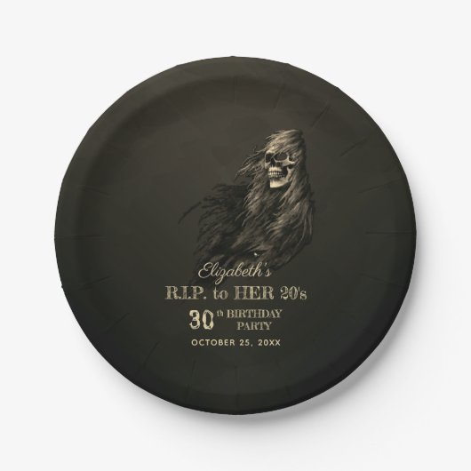 不気味な髪のスカルRIP to Her 20s Birthday Party ペーパープレート (正面)