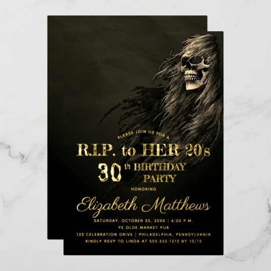 不気味な髪のスカルRIP to Her 20s Birthday Party 箔招待状 (正面/裏面)