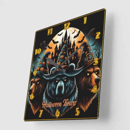 不気味な魔女の帽子をかぶったハロウィーンベア スクエア壁時計 (傾斜)