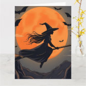 不気味な魔女の飛行箒　オレンジ色の満月 カード (黄色い花)
