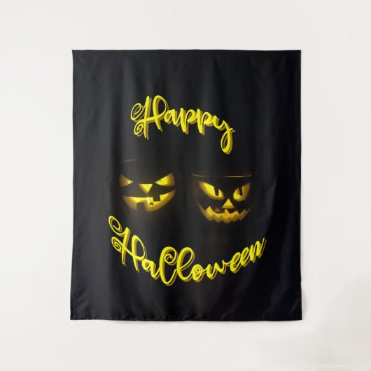 不気味な黄色オンブラックハッピーハローウィンパーティー タペストリー (正面)