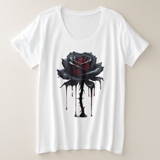 不気味な黒バラ 白 プラスサイズTシャツ (デザイン正面)