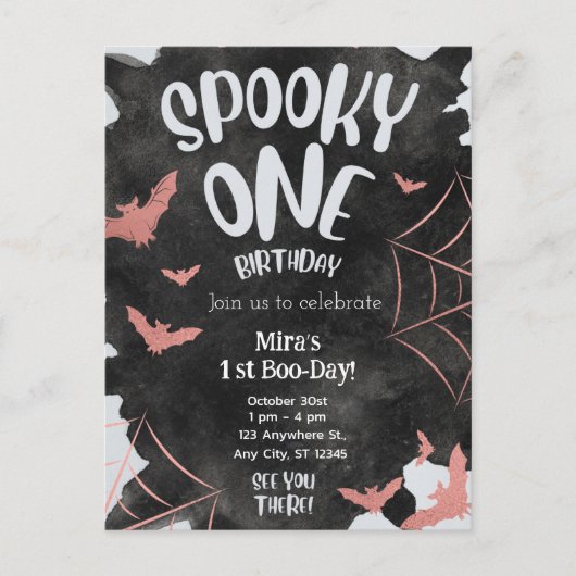 不気味な1歳の招待状 ハロウィン 誕生日 ピンクのバット ポストカード (正面)