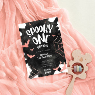 不気味な1歳の誕生日招待 ハロウィン ピンクのバット ポストカード