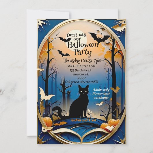 不気味エレガントな黒猫ハロウィーン 招待状 (正面)