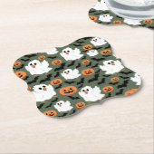 不気味カボチャとこうもりの可愛い幽霊チキン ペーパーコースター (アングル)