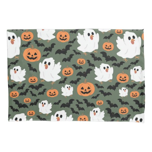 不気味カボチャとこうもりの可愛い幽霊チキン 枕カバー (正面)