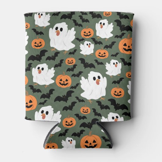 不気味カボチャとこうもりの可愛い幽霊チキン 缶クーラー (正面)