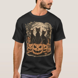 不気味カボチャのハロウィンに登場するトリオ黒猫 Tシャツ
