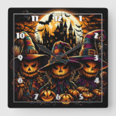 不気味カボチャのハロウィン白熱［赤熱］光を放つかかし スクエア壁時計 (正面)