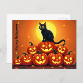 不気味カボチャの秋の白熱［赤熱］光を放つ夜 ポストカード