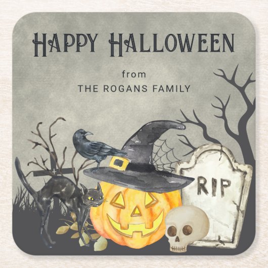 不気味コスチュームとカクテルハロウィーン スクエアペーパーコースター (正面)