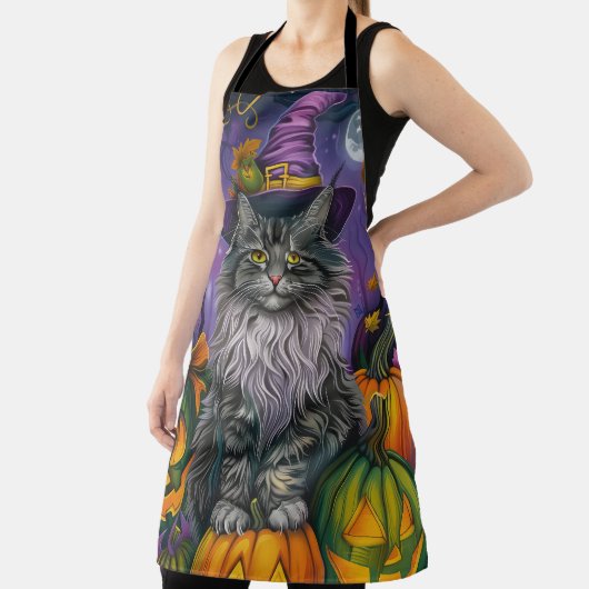 不気味シベリア猫ハロウィーン魔女とカボチャ エプロン (インサイチュ)